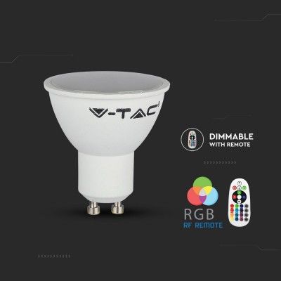 V-Tac 3,5W RGB LED pære - Med RF fjernkontroll, GU10 - Dimbar : Dimbar, Kulør : Varm hvit + RGB