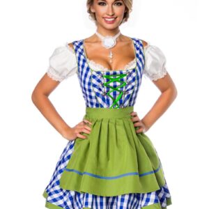 Rutete Blått og Hvitt Tradisjonelt Oktoberfest Kostyme med Grønne Partier